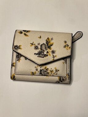 Coach Cream Floral Compact Wallet with Yellow and Gray Flowers